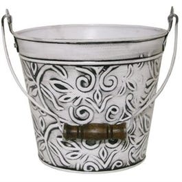 Floral Metal Planter With Handle, Rustic White, 8-In.