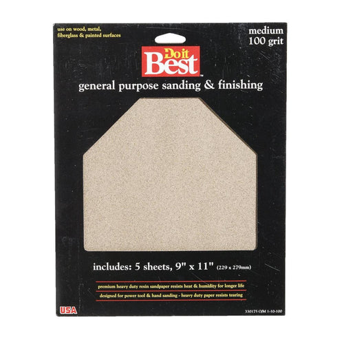 Do it Best General Purpose 9 In. x 11 In. 100 Grit Medium Sandpaper (5-Pack)