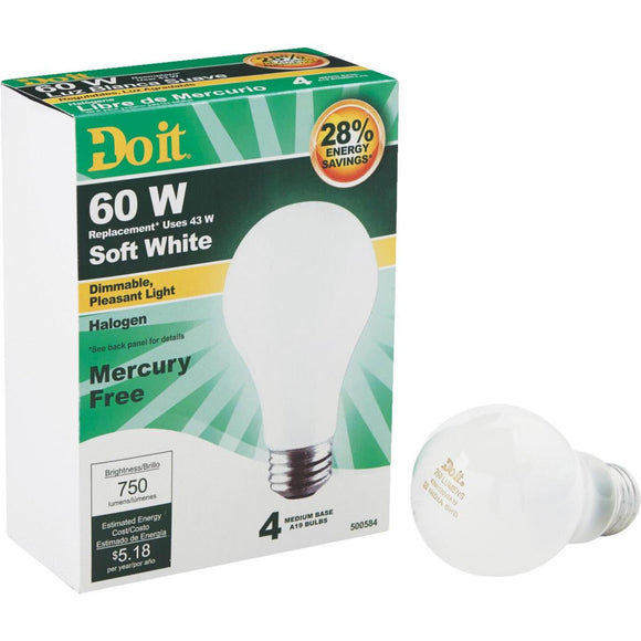 Do it 60W Equivalent Soft White Medium Base A19 Halogen Light Bulb (4-Pack)