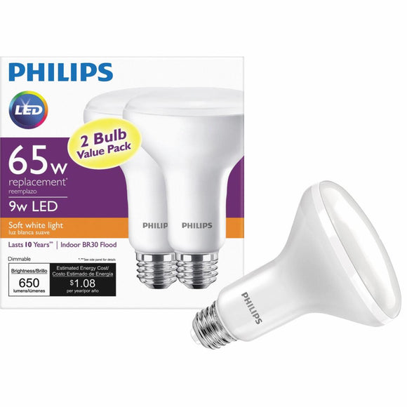 Philips 65W Equivalent Soft White BR30 Medium Dimmable LED Floodlight Light Bulb (2-Pack)