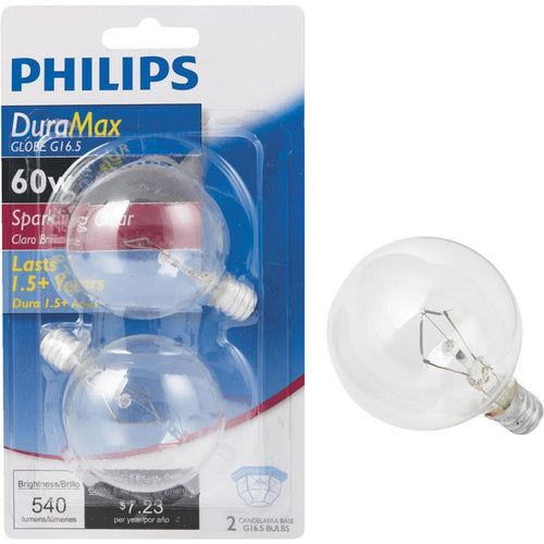 Philips DuraMax 60W Clear Candelabra G16.5 Incandescent Globe Light Bulb (2-Pack)