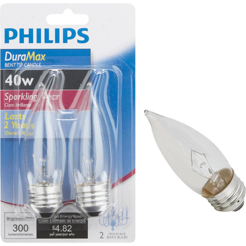 Philips DuraMax 40W Clear Medium BA9.5 Incandescent Bent Tip Light Bulb (2-Pack)