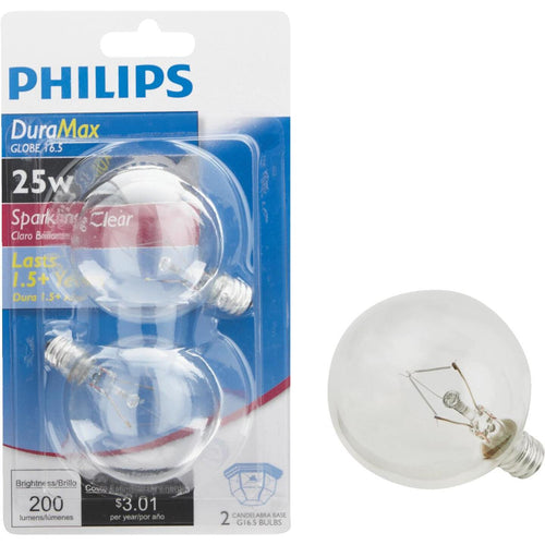 Philips DuraMax 25W Clear Candelabra G16.5 Incandescent Globe Light Bulb (2-Pack)