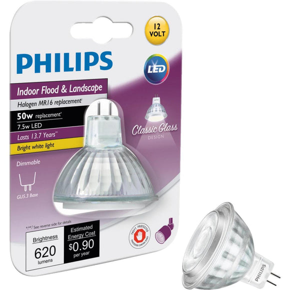 Philips Classic Glass 50W Equivalent Bright White MR16 GU5.3 LED Floodlight Light Bulb