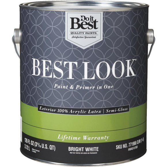 Best Look 100% Acrylic Latex Paint & Primer In One Semi-Gloss Exterior House Paint, Bright White, 1 Gal.