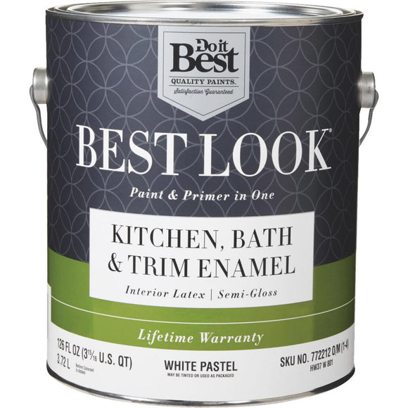 Best Look Latex Paint & Primer In One Kitchen Bath & Trim Semi-Gloss Interior Wall Paint, White-Pastel Base, 1 Gal.