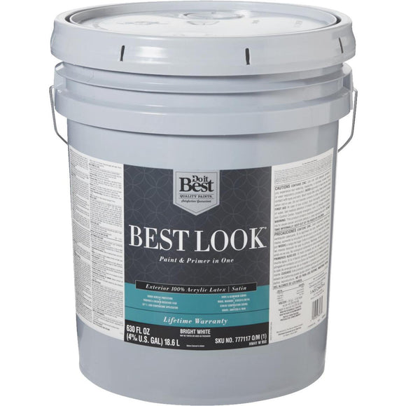 Best Look 100% Acrylic Latex Paint & Primer In One Satin Exterior House Paint, Bright White, 5 Gal.