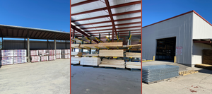 Panoramic view of a building supplies facility featuring outdoor stacks of insulation materials, an interior lumber storage area with organized shelving, and exterior storage of metal fencing panels. The structure showcases a steel frame with a large covered space for materials, designed for efficient storage and easy access.