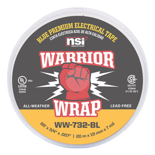 NSI Industries WW-732-BL WarriorWrap Premium Medium 3/4 in. x 66 ft. 7 mil Vinyl Electrical Tape, Blue